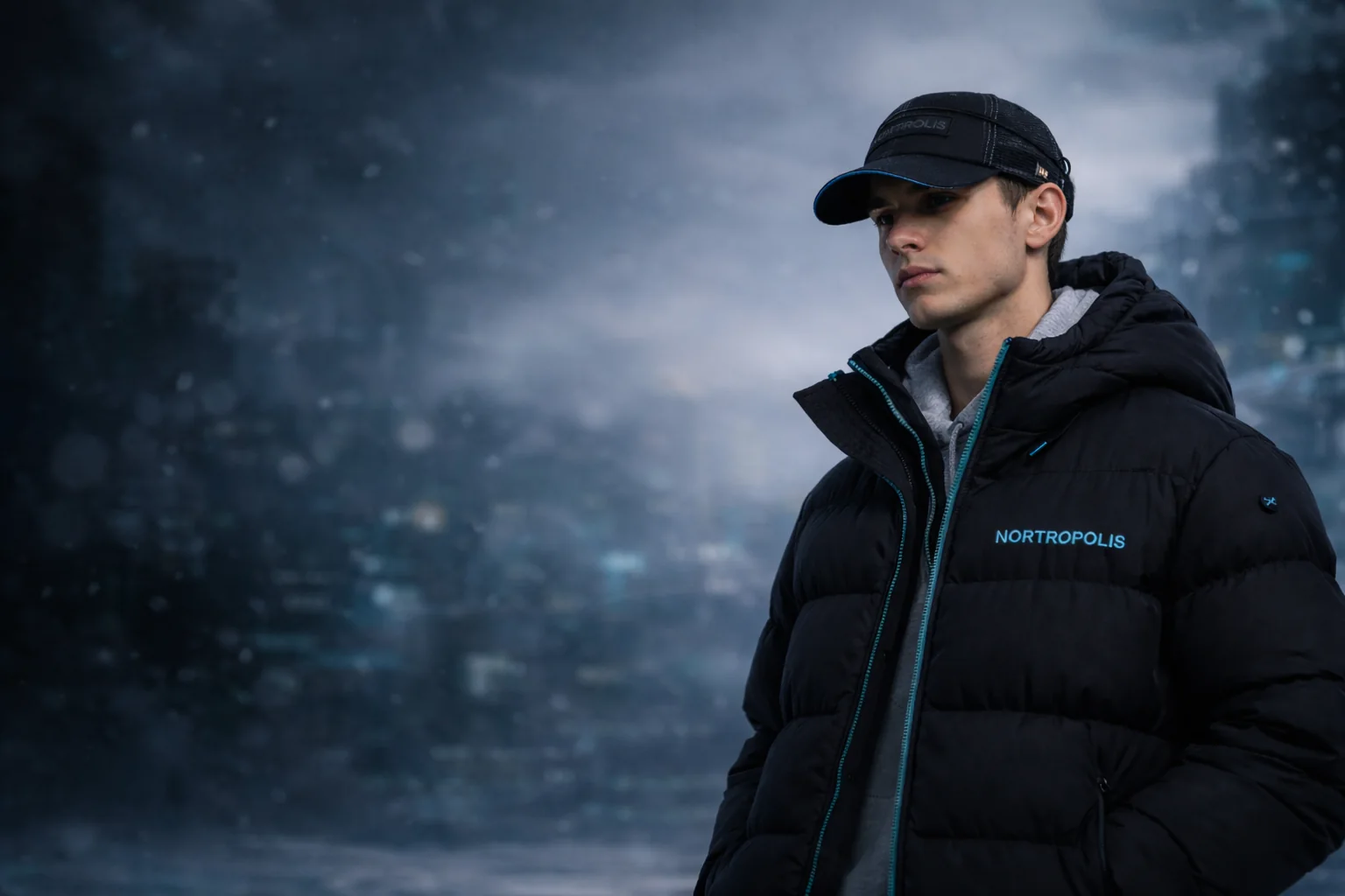 Nortropolis puffer from the C-Tribe collaboration in a winter city setting