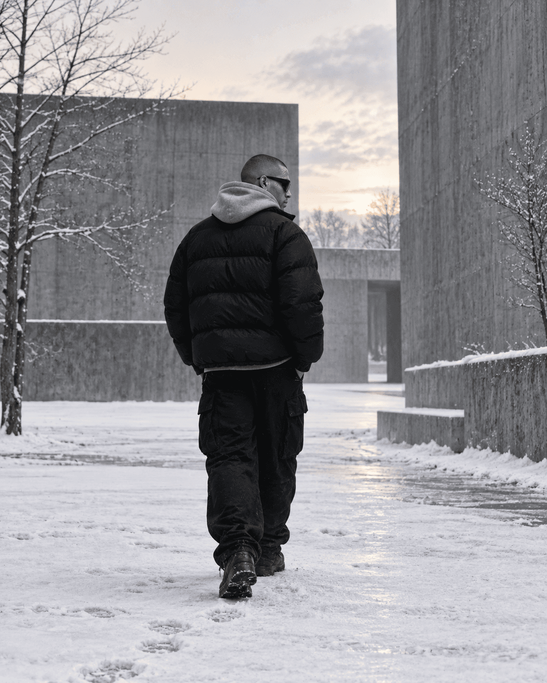 Generated rear three-quarter editorial study of dark outerwear in a snow-covered courtyard