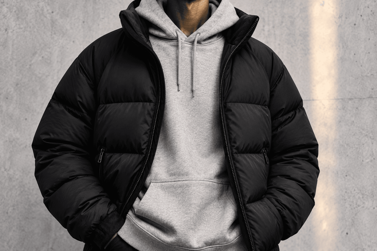 Generated close editorial study of dark outerwear, a gray hood, zipper, and layered fabric textures