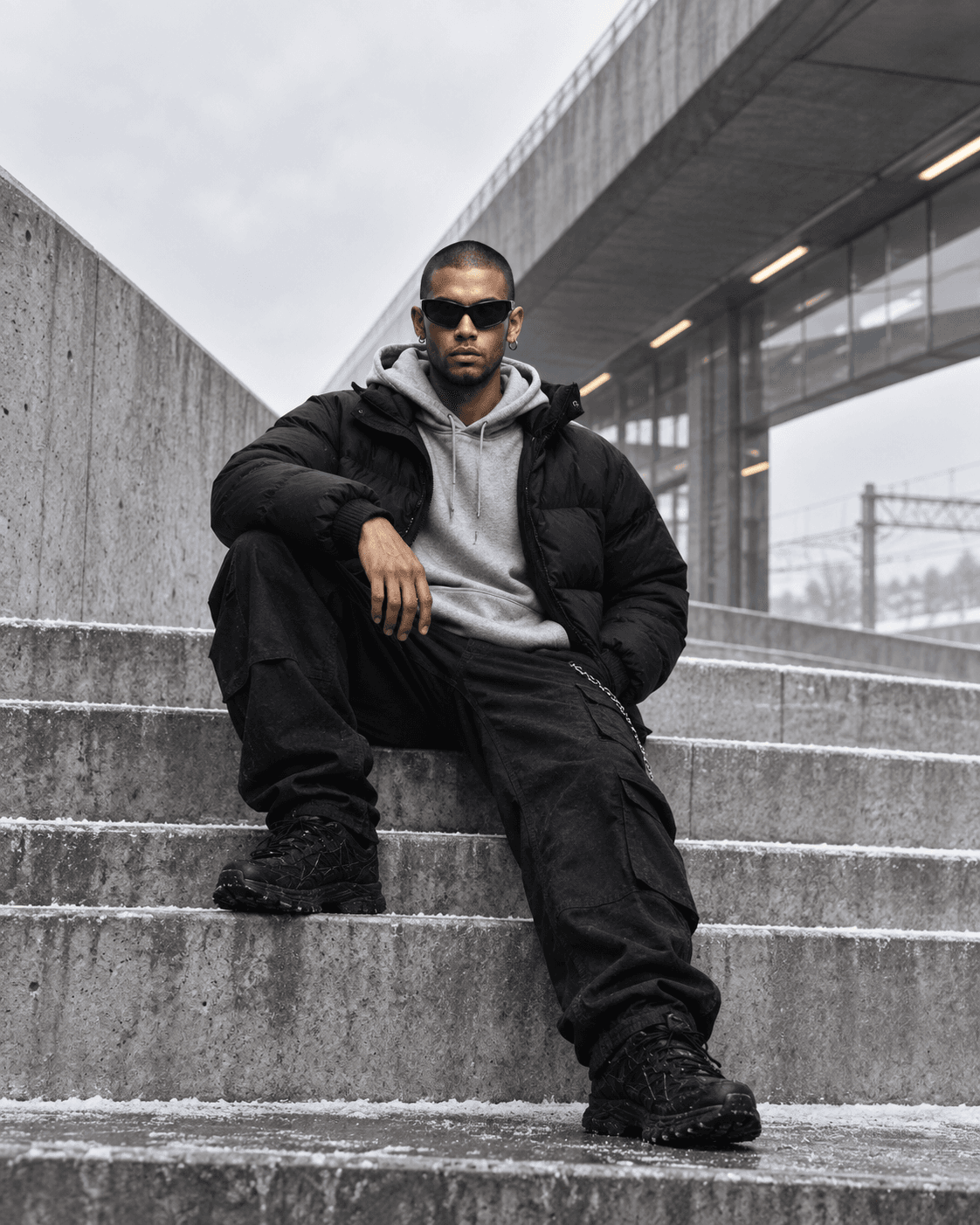 Generated editorial study of a model in dark outerwear and a gray hood seated on monumental concrete steps