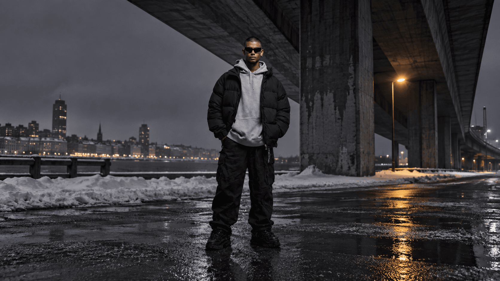 Generated editorial study of a model in dark outerwear beneath a concrete underpass at night
