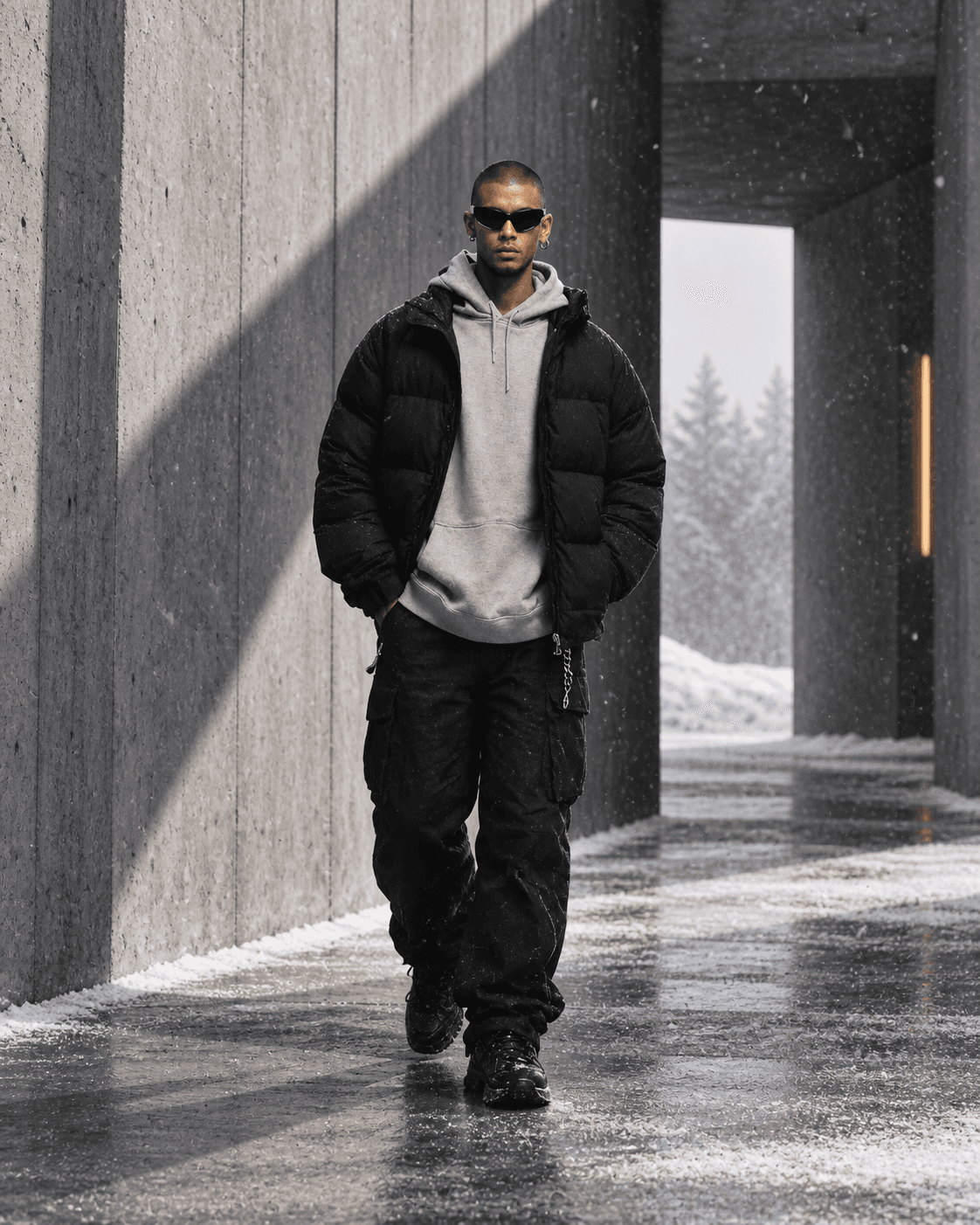 Generated editorial study of a model in dark outerwear and a gray hood walking through a winter concrete passage
